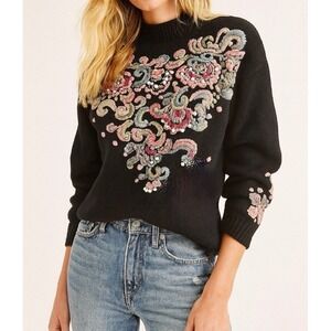 Vintage 80s 90s Boaz Embroidered Beaded Sweater Black‎ 55%Ramie/Cotton SZ- Large